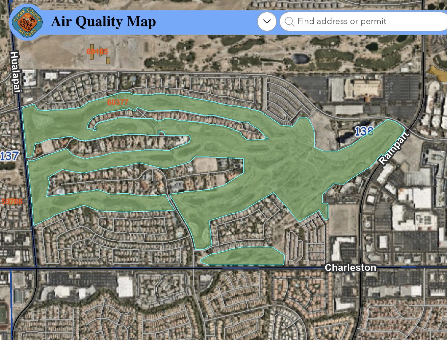 Clark County Air Quality Map showing Dust Permit 60377 (Badlands Golf Course / The Preserve, Greystone Nevada, LLC). The highlighted area is the permitted 252.50-acre project boundary.