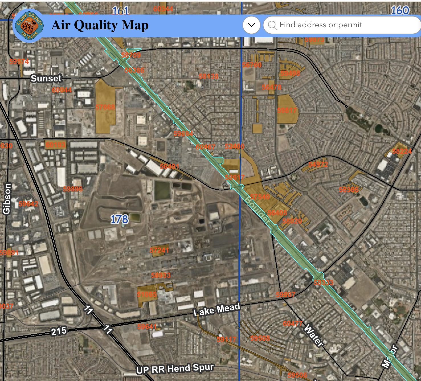 Clark County Air Quality Map showing Dust Permit 58333 (Boulder Reimagine / Las Vegas Paving Corp.). The highlighted corridor is the permitted project area along Boulder Highway.