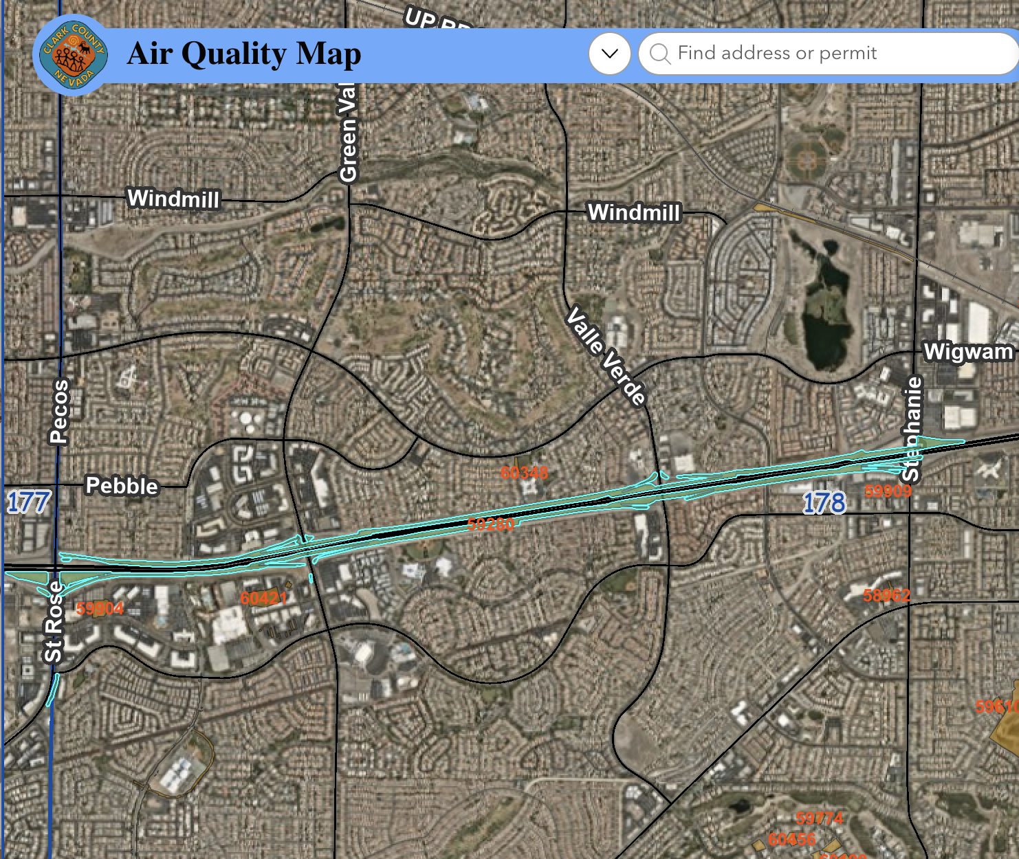 Clark County Air Quality Map showing Dust Permit 59280 (Bruce Woodbury 2025 / Las Vegas Paving Corp.). The highlighted corridor is the permitted project area along CC-215.