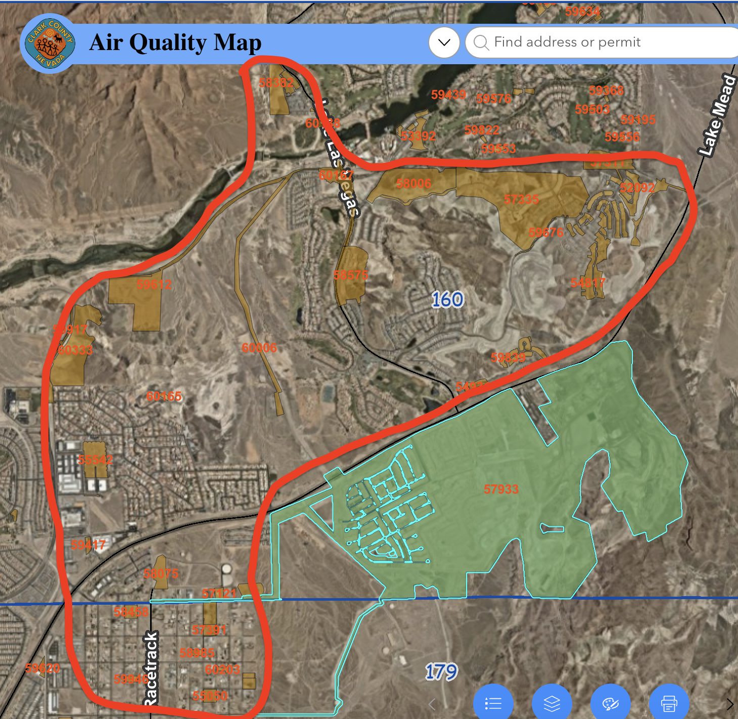 Clark County Air Quality Map showing Dust Permit 57933 (Lakemoor / PN II, Inc.). The green area is the permitted project area under the Temporary Restraining Order; the red outline marks the surrounding areas of concern.